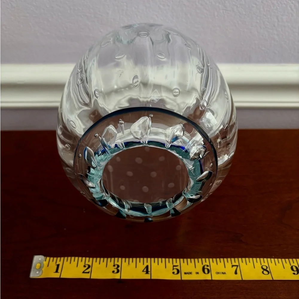 Vintage Signed Hand Blown Bubble Glass Vase with Blue Rim – Artistic Mid-Century